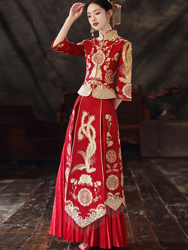 Beaded Embroidered Phoenix Wedding Qun Gua with Pleated Skirt