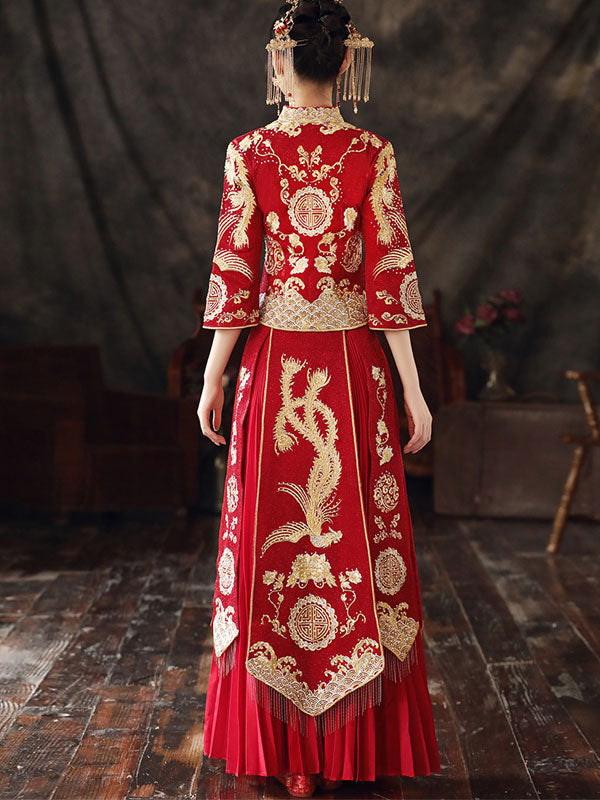 Beaded Embroidered Phoenix Wedding Qun Gua with Pleated Skirt