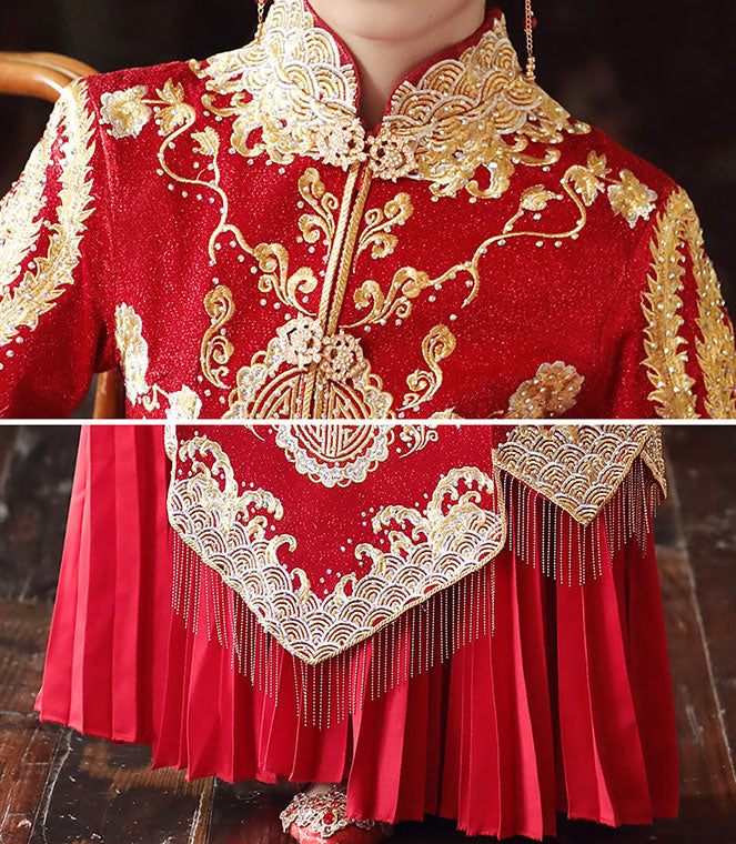 Beaded Embroidered Phoenix Wedding Qun Gua with Pleated Skirt