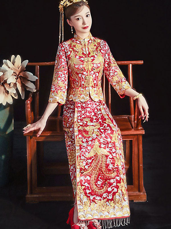 Beaded Bride Qun Gua with Dragon & Phoenix Embroidery