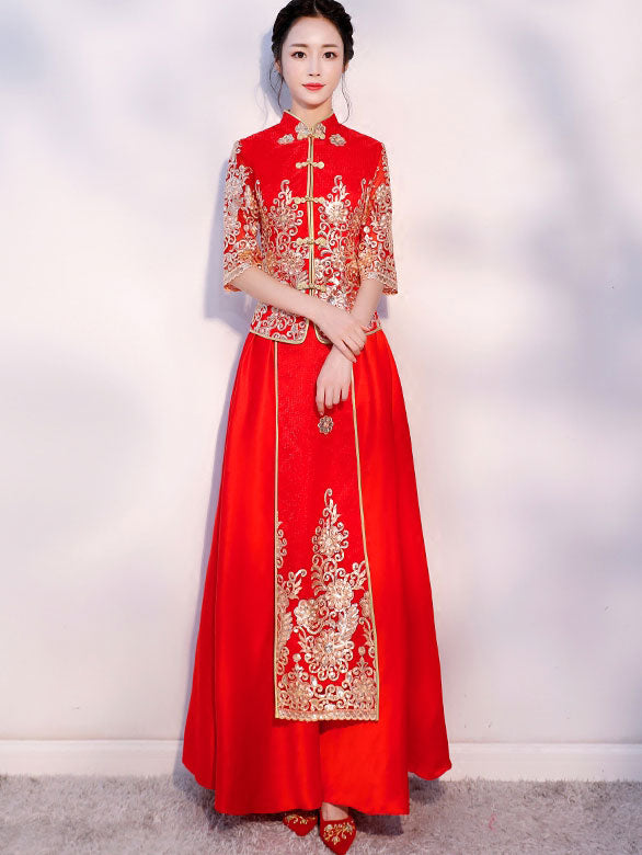 Sequined Embroidered Floral Chinese Wedding Bridal Qun Gua