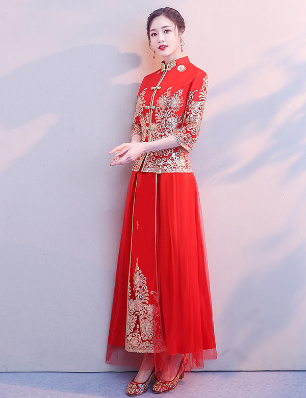 Sequined Embroidered Floral Chinese Wedding Bridal Qun Gua