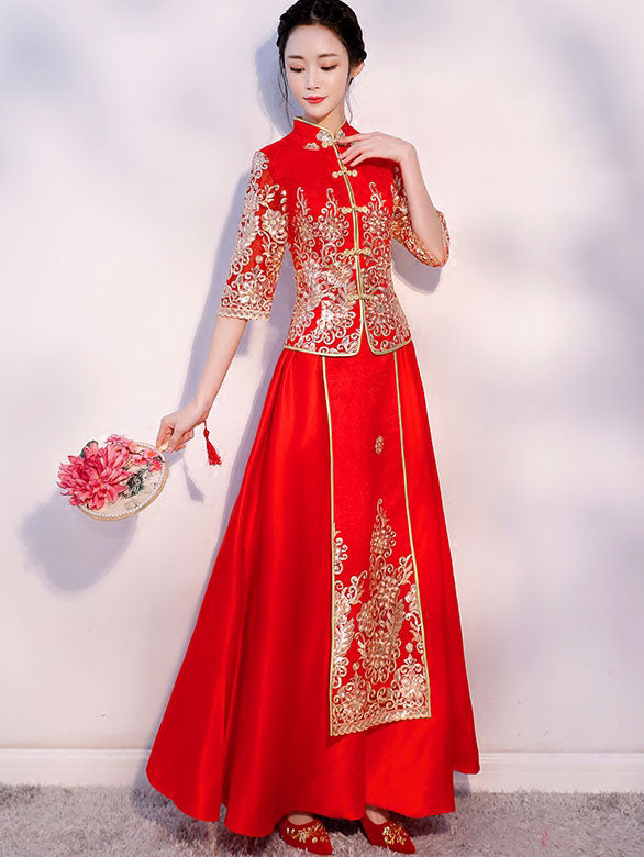 Sequined Embroidered Floral Chinese Wedding Bridal Qun Gua