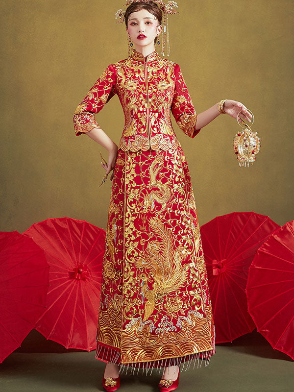 Red Wedding Bridal Qun Gua with Dragon & Phoenix Embroidery