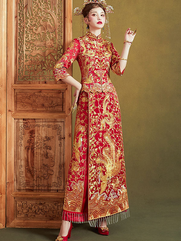 Red Wedding Bridal Qun Gua with Dragon & Phoenix Embroidery