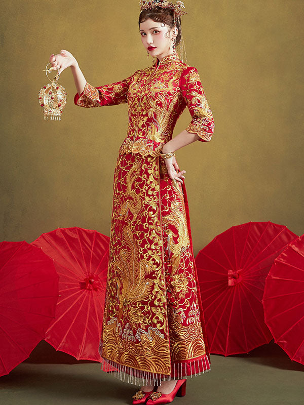 Red Wedding Bridal Qun Gua with Dragon & Phoenix Embroidery