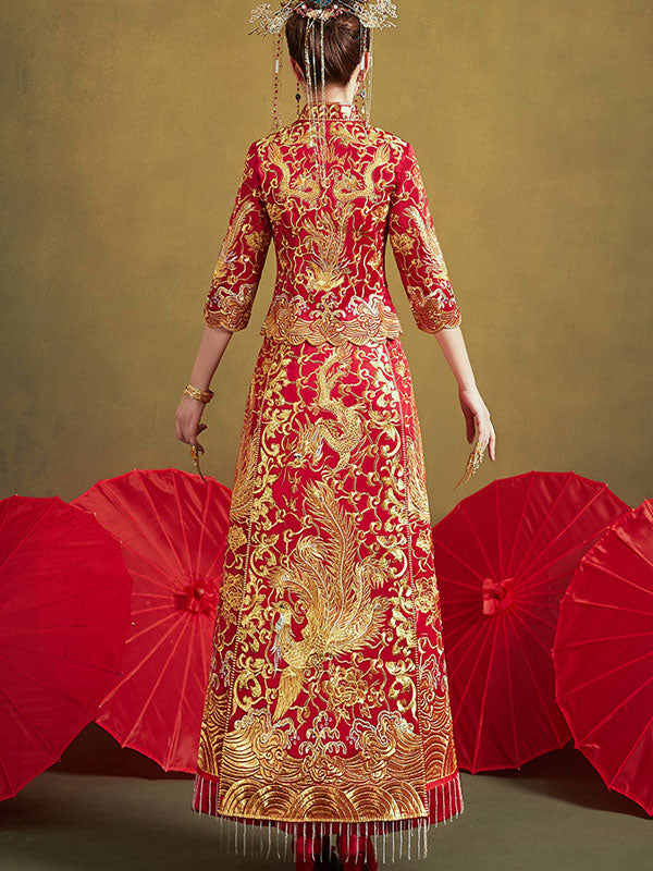 Red Wedding Bridal Qun Gua with Dragon & Phoenix Embroidery