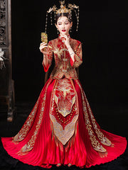 Beaded Embroidered Phoenix Wedding Qun Gua with Pleated Skirt