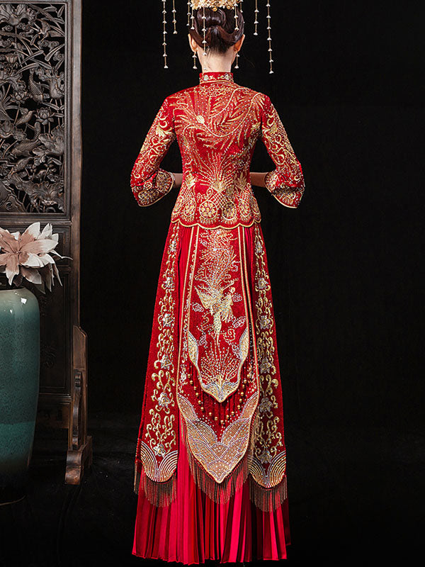 Beaded Embroidered Phoenix Wedding Qun Gua with Pleated Skirt