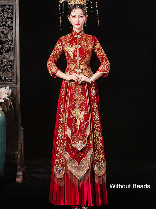 Beaded Embroidered Phoenix Wedding Qun Gua with Pleated Skirt