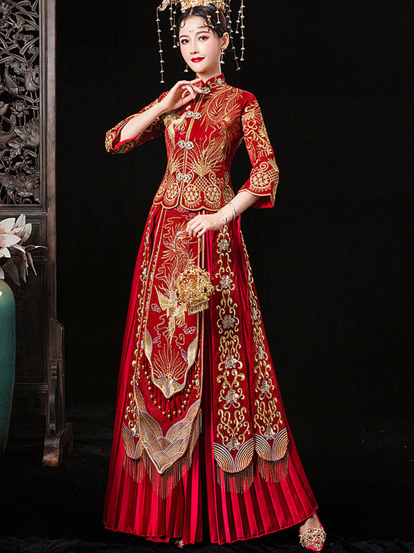 Beaded Embroidered Phoenix Wedding Qun Gua with Pleated Skirt