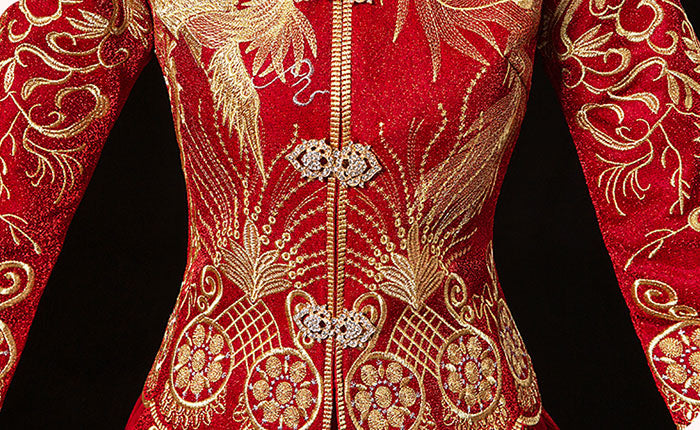 Beaded Embroidered Phoenix Wedding Qun Gua with Pleated Skirt