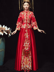 Red Embroidered Floral Chinese Bridal Wedding Qun Gua