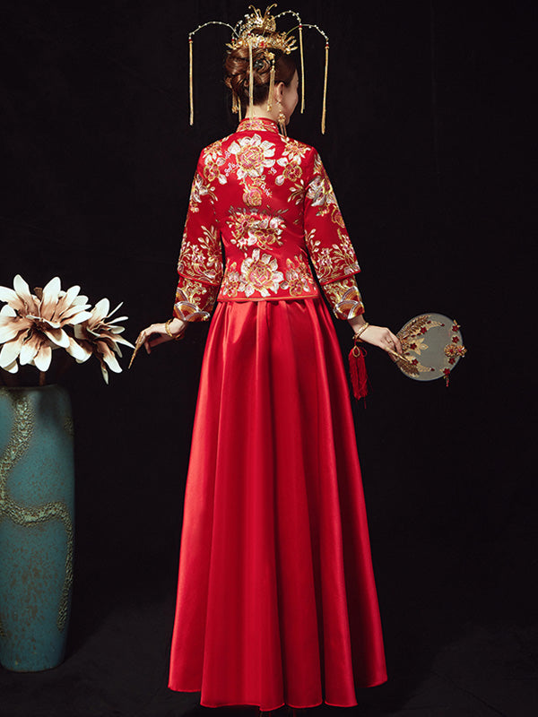 Red Embroidered Floral Chinese Bridal Wedding Qun Gua