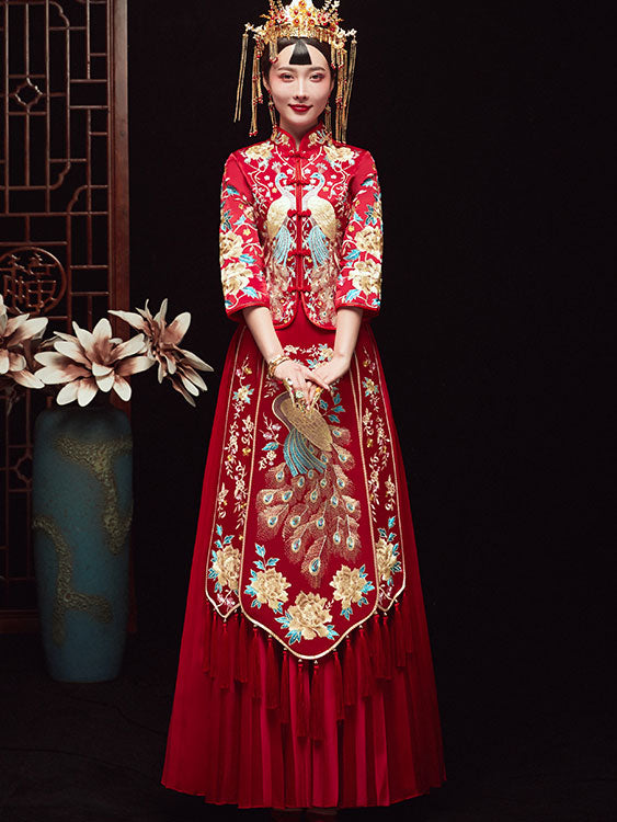 2024 Embroidered Phoenix Wedding Bridal Qun Kwa & Pleated Skirt
