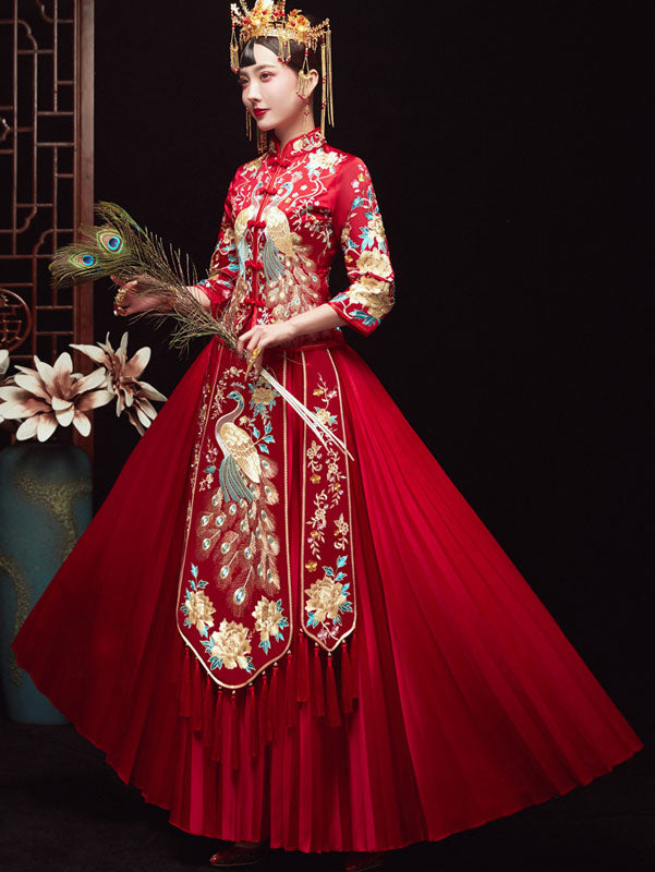 2024 Embroidered Phoenix Wedding Bridal Qun Kwa & Pleated Skirt
