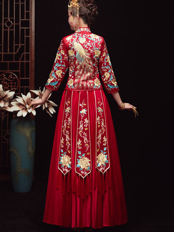 2024 Embroidered Phoenix Wedding Bridal Qun Kwa & Pleated Skirt