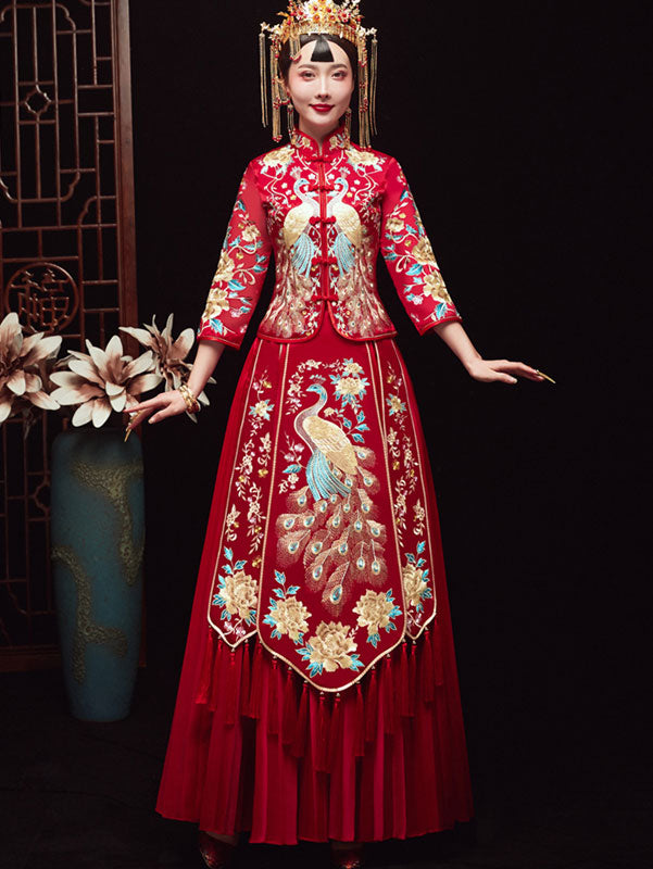 2024 Embroidered Phoenix Wedding Bridal Qun Kwa & Pleated Skirt