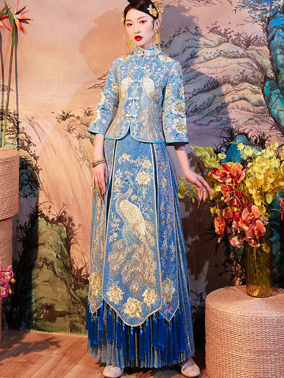 Shimmering Embroidered Phoenix Bridal Qun Gua & Pleated Skirt