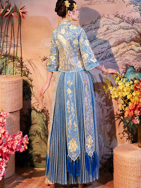 Shimmering Embroidered Phoenix Bridal Qun Gua & Pleated Skirt