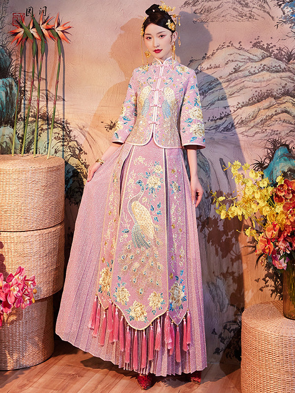 Shimmering Embroidered Phoenix Bridal Qun Gua & Pleated Skirt