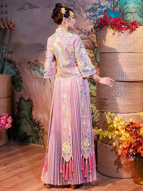 Shimmering Embroidered Phoenix Bridal Qun Gua & Pleated Skirt