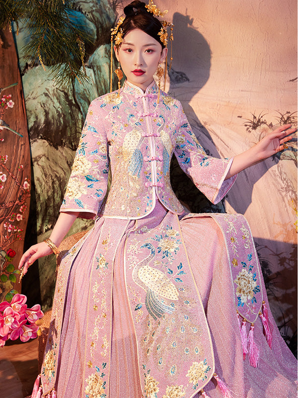 Shimmering Embroidered Phoenix Bridal Qun Gua & Pleated Skirt