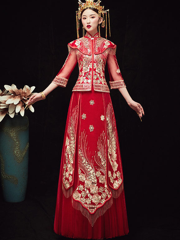 Filmsy Summer Sequins Embroidered Wedding Qun Gua & Pleated Skirt