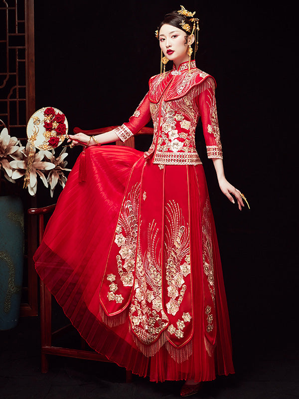 Filmsy Summer Sequins Embroidered Wedding Qun Gua & Pleated Skirt