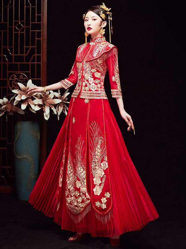 Filmsy Summer Sequins Embroidered Wedding Qun Gua & Pleated Skirt