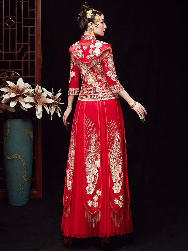 Filmsy Summer Sequins Embroidered Wedding Qun Gua & Pleated Skirt