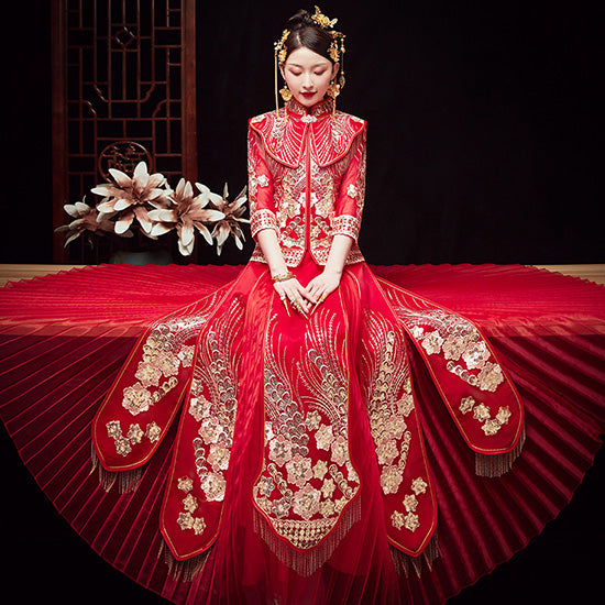 Filmsy Summer Sequins Embroidered Wedding Qun Gua & Pleated Skirt