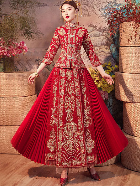 Beads Embroidered Wedding Bridal Qun Gua & Pleated Skirt