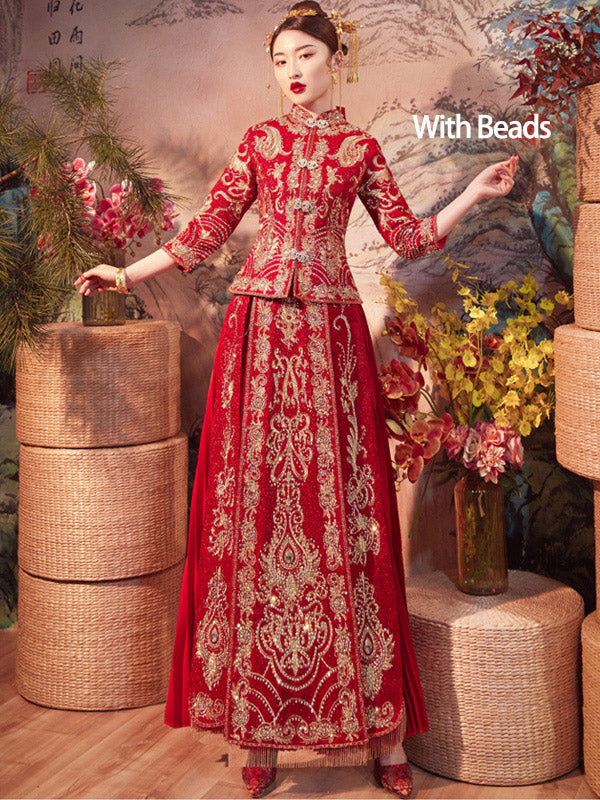 Beads Embroidered Wedding Bridal Qun Gua & Pleated Skirt
