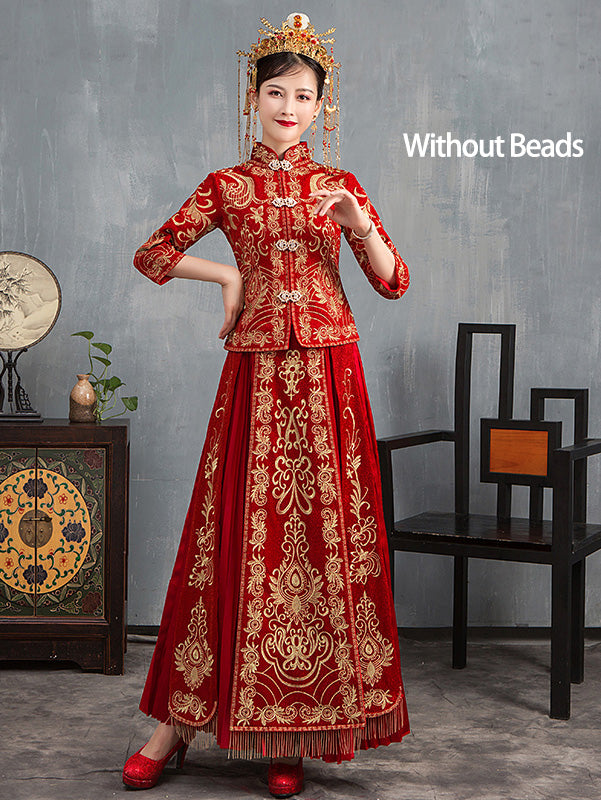 Beads Embroidered Wedding Bridal Qun Gua & Pleated Skirt