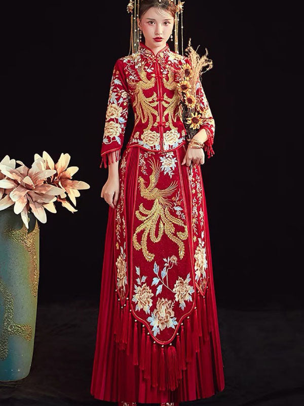Red Shimmering Embroidered Phoenix Wedding Qun Gua