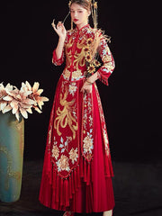 Red Shimmering Embroidered Phoenix Wedding Qun Gua
