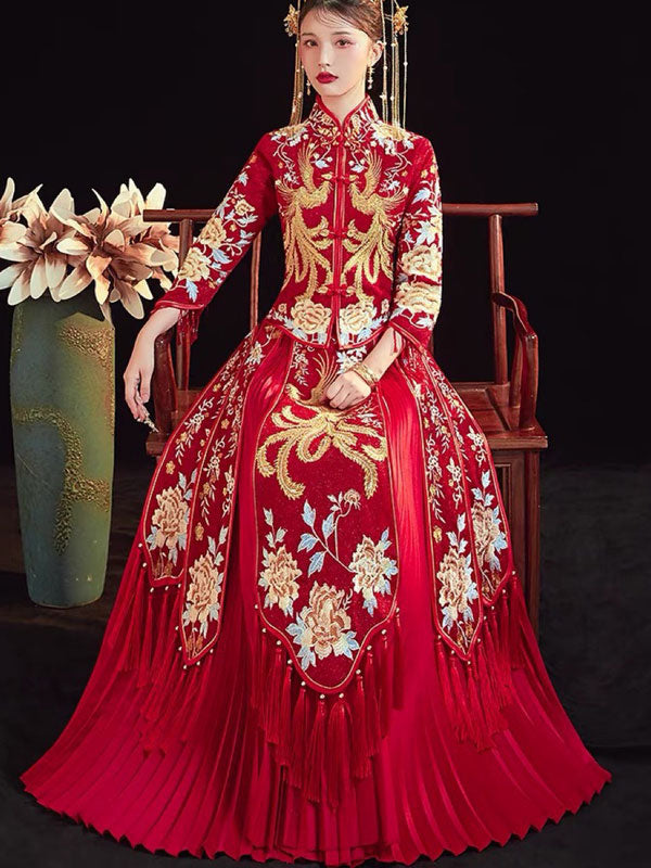 Red Shimmering Embroidered Phoenix Wedding Qun GuaRed Shimmering Embroidered Phoenix Wedding Qun Gua