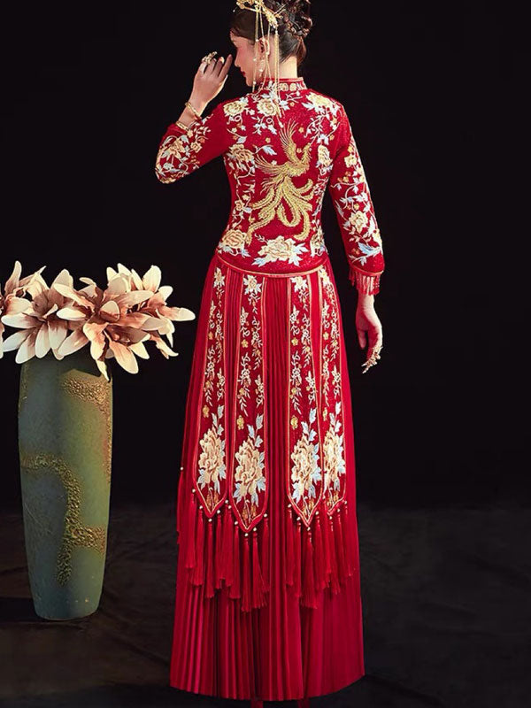 Red Shimmering Embroidered Phoenix Wedding Qun GuaRed Shimmering Embroidered Phoenix Wedding Qun Gua