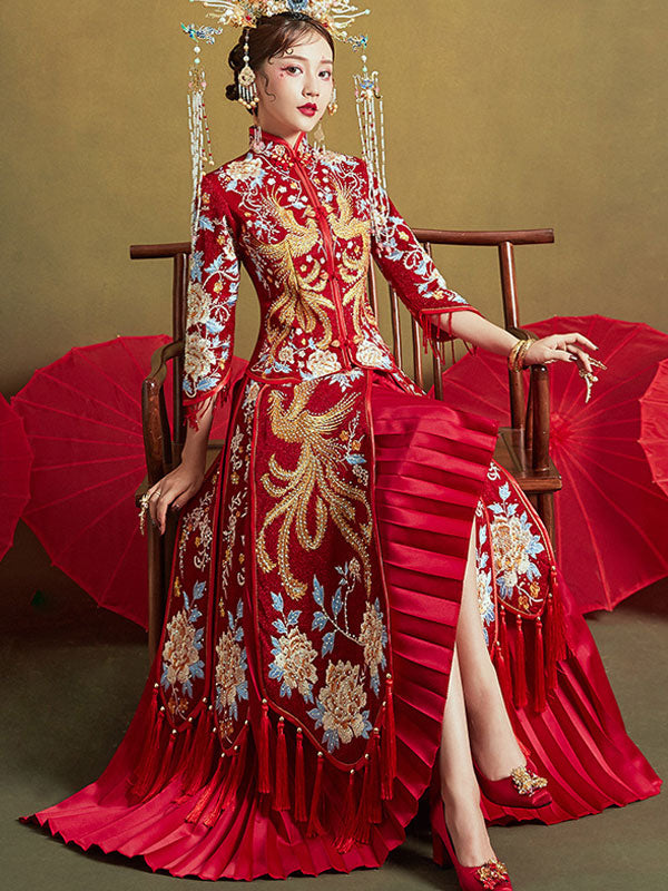 Red Shimmering Embroidered Phoenix Wedding Qun Gua
