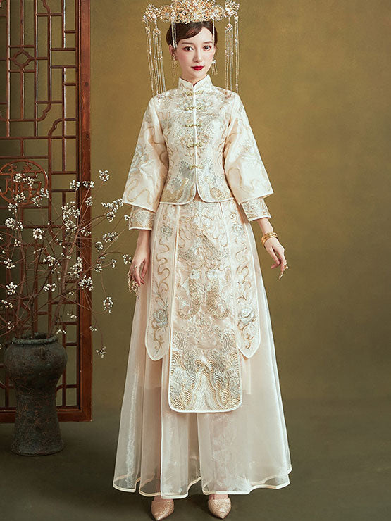 Champagne Filmsy Summer Embroidered Wedding Qun Gua & Skirt