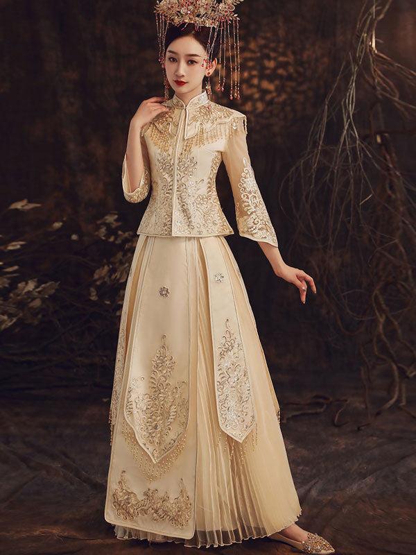 Summer Champaign Wedding Qun Kwa with Detachable Shawl