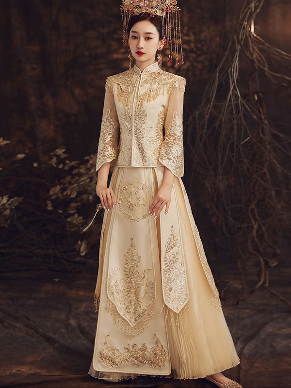 Summer Champaign Wedding Qun Kwa with Detachable Shawl