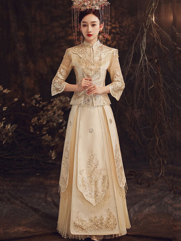 Summer Champaign Wedding Qun Kwa with Detachable Shawl