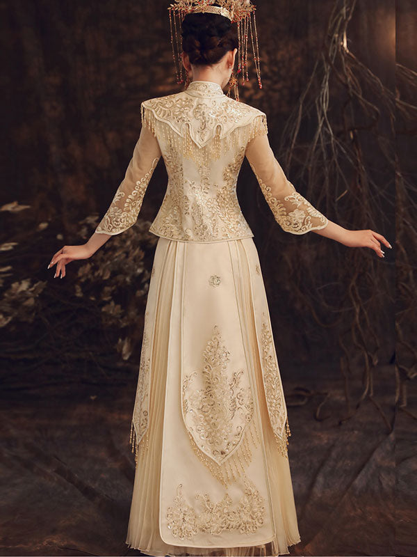 Summer Champaign Wedding Qun Kwa with Detachable Shawl