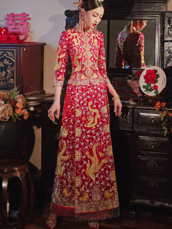 Embroidered Dragon Phoenix Traditional Chinese Wedding Qun Gua