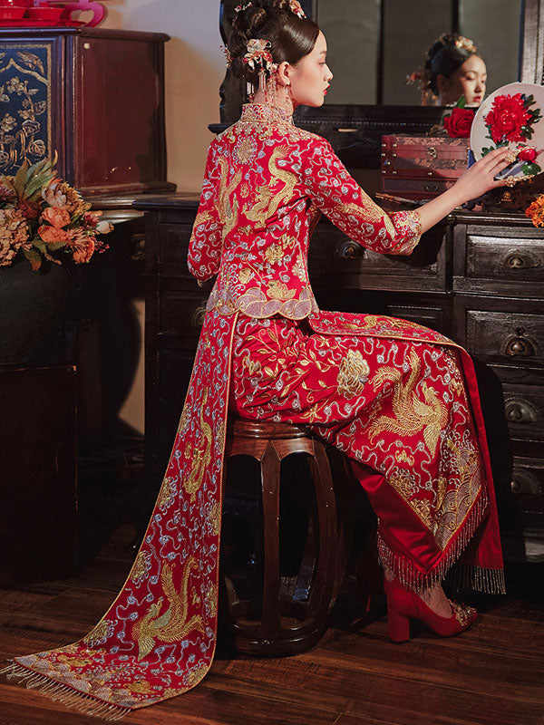 Embroidered Dragon Phoenix Traditional Chinese Wedding Qun Gua