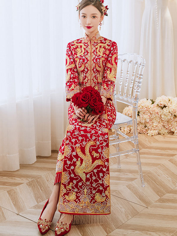 Embroidered Dragon Phoenix Traditional Chinese Wedding Qun Kwa