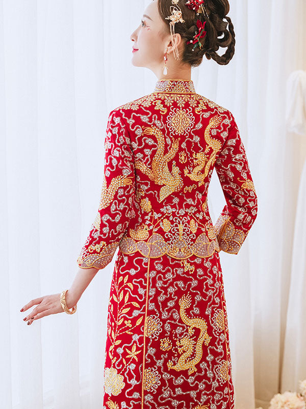 Embroidered Dragon Phoenix Traditional Chinese Wedding Qun Kwa