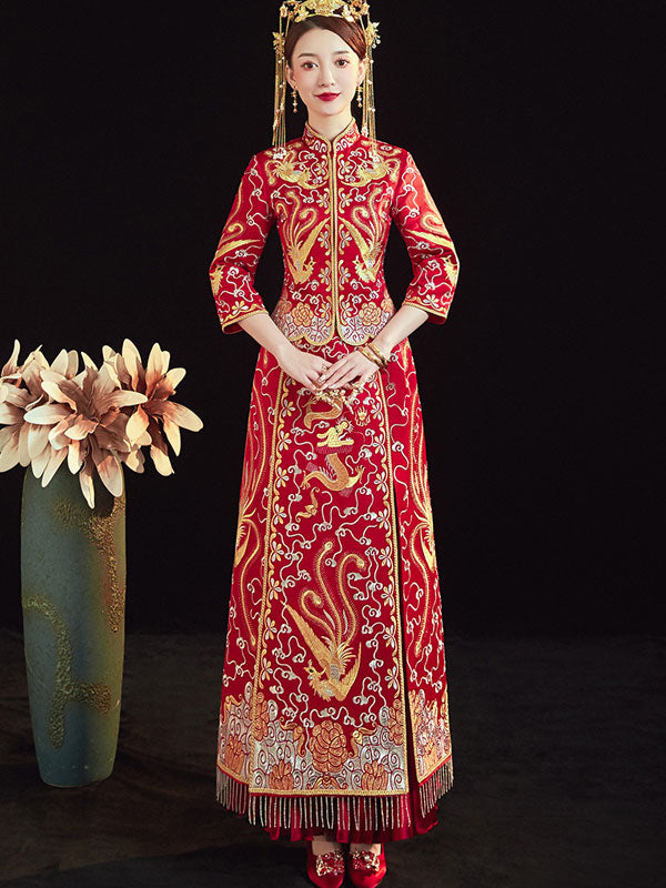 Traditional Chinese Wedding Qun Gua with Embroidered Dragon Phoenix